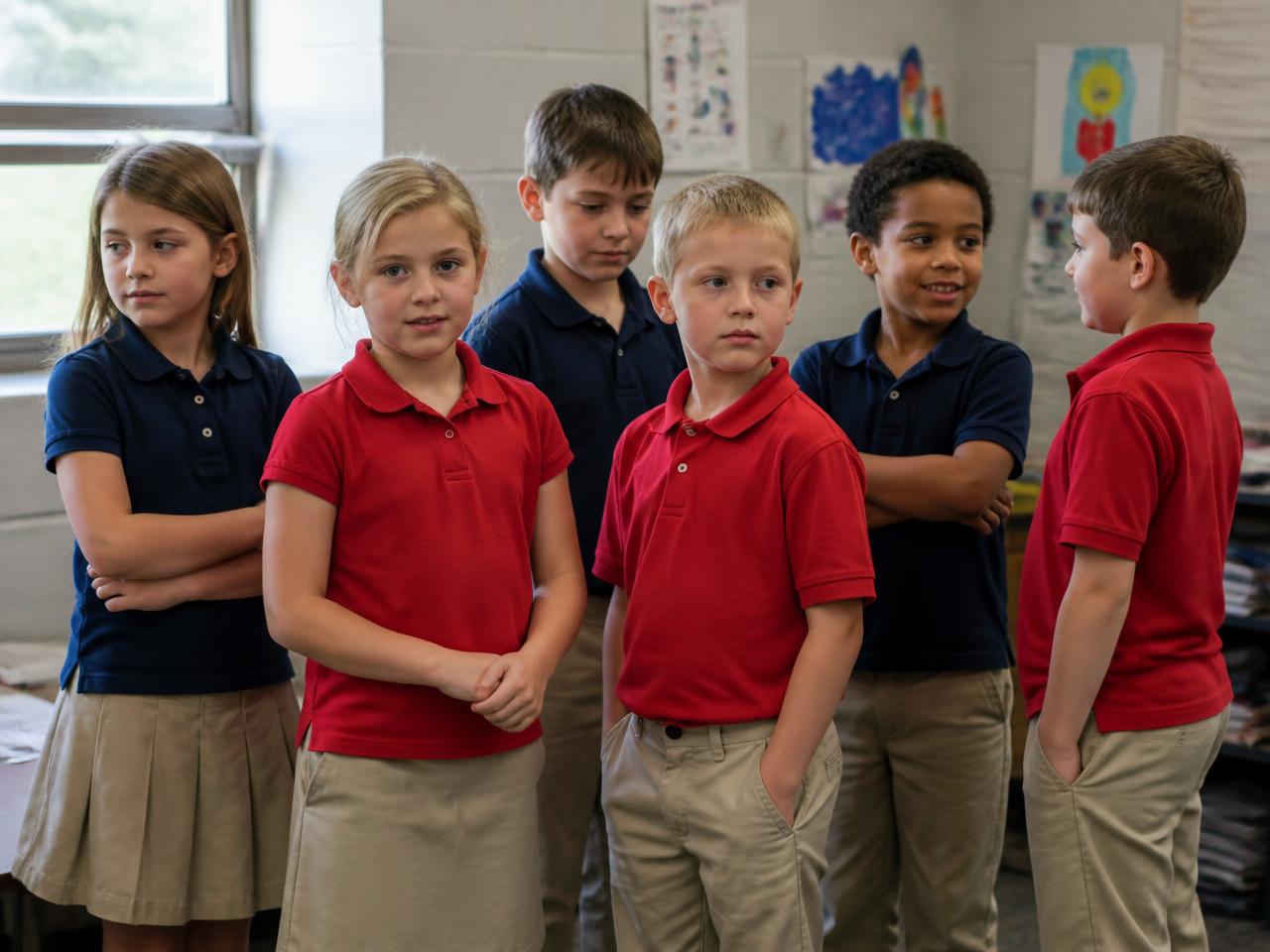 Illustration of students in red and navy KCA polos standing together in front of handwritten Bible verse posters
