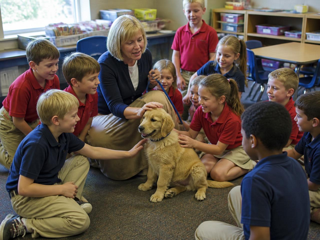 Illustration of a class gathered around their teacher and a visiting golden retriever puppy