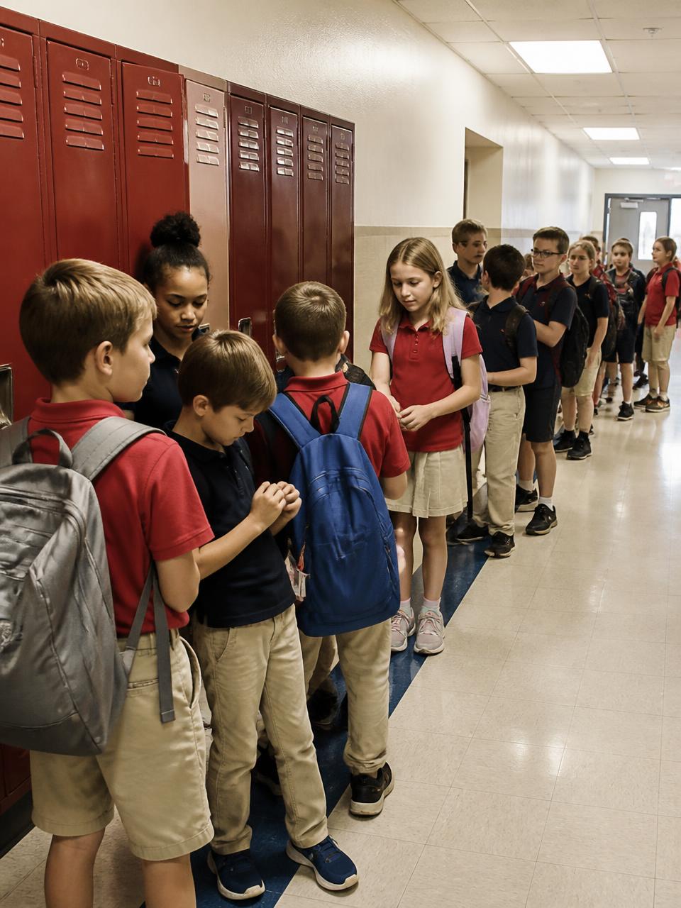 Illustration of students lined up in the hallway beside red lockers on the first day of school