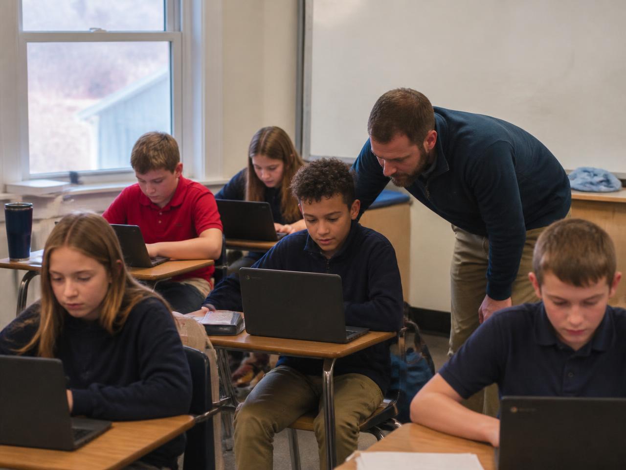 Illustration of middle school students in navy sweatshirts working together with their teacher