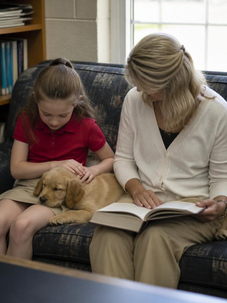 Illustration of a student petting a golden retriever puppy on the reading couch with her teacher