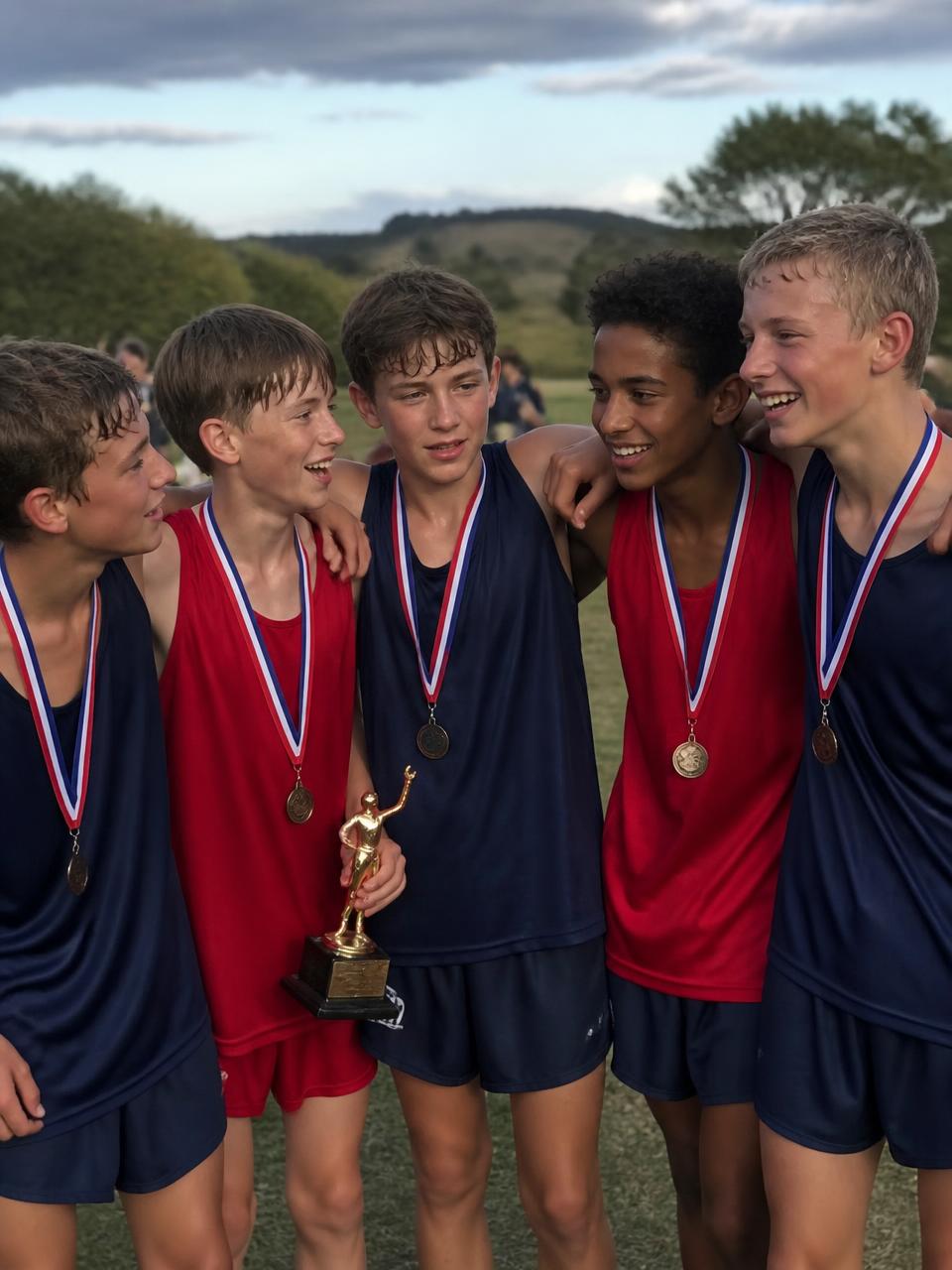Illustration of a cross country team celebrating with medals and a trophy after a meet